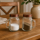 4 Oz Glass Salt Pepper Shaker Set Mason Jar Style Handles Metal Lids 2 Piece