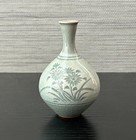 Vintage Mini Korean Goryeo Style Celadon Ceramic Crackle Glaze Bud Vase  3 1 4 