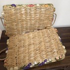 Vtg Boho Hand Woven Basket Straw Wicker Fruit Casserole Carrier Lined Set Of 2