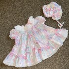 Vtg Floral Baby Girl Dress With Bonnet  Lace And Ruffles