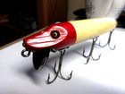 Wooden Heddon  Vamp  Red Head White Body Glass Eyes  4 1 2 Inches Nice 