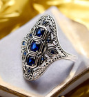 Vintage Style Royal Blue Simulated Sapphire 925 Sterling Silver Ring 1794