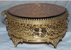 Rare Large Gold Filigree Ormolu Beveled Amber Glass Jewelry Casket Box Cherubs