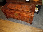Antique Chinese Carved Camphor Wood Chest Dragon Phoenix Motifs Brass Hardware