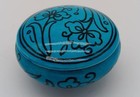 Signed  Vintage Turquoise black Glazed Floral Round Small Jewelry Trinket Box