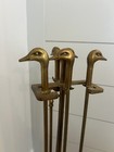 Vintage Brass Mallard Duck Head Fireplace Tools Set   Stand - Art Deco Mcm