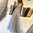 V Neck Long Prom Dresses Sexy Gray Summer Backless Lace Dubai Evening Party Gown