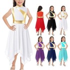 Girls Ballet Praise Modern Lyrical Dance Dress Metallic Asymmetrical Hem Dress