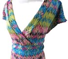 Only Nine Chevron Top 1x Multi Color Striped Tie Back Colorful Short Sleeve Nwt