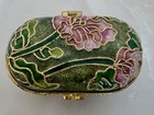 Vintage Cloisonne Floral Trinket Box Pill Box Green Enamel Brass Oval Japan