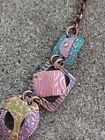 Vintage Speckled Aqua Enamel Copper Plaque Link Necklace Artist Signed 28  Ef
