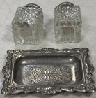 Silver Plated   Glass Vintage Mini Salt   Pepper Shaker Set W tray Hong Kong