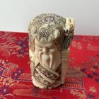 Japanese Carved Netsuke Figurine Bearded Man W  Staff Animal Finial Signed