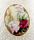 Antique Porcelain Hand Painted Rose Victorian Floral Flowers Oval Stud Button 1 