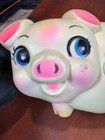 Vintage 1977 Sanitoy Piggy Bank Big Blue Eyes Floral Vinyl Rubber Original Plug