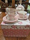 Porcelain Pink Child s Tea Set Polka Dot Saucers With Carry Case