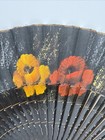 Vintage Black Pleated Folding Fan - Painted Floral Fabric - Spain