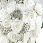 Artificial Wedding Flowers Brides Teardrop Bouquet White Rose Diamante Brooches 