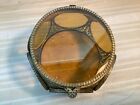 Vintage Gold Ormolu Filigree Beveled Amber Glass Jewelry  Casket Box  T5