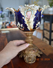 Antique French Gilt Metal Mounted Majolica Cobalt Yellow Green Vase 8 5 x7   20 