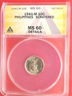 1941-m Philippines 10c - Liberty   Mayon Volcano - Anacs Ms60  10-3 