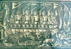 Vintage Cambodian Temple Rubbing Embossed  Gold On Green Papyrus ceremonial Boat