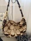 Coach Carly Signature Jacquard Canvas Shoulder Bag Leather Trim Zip Bag Charm