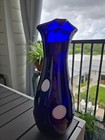 Beautiful Heavy Cobalt Blue Handblown Art Glass White Dot Flower Vase Room Decor