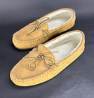 Men s Pile Lined Hardsole Moccasin Slippers Golden Tan Size 11