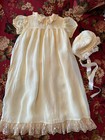 Vtg Baby Tea Stained Pale Yellow Christening Gown   Cap Bows   Lace Embroidery
