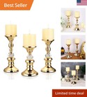 Gold Metal Pillar Candle Holders Set Of 3 Crystal Stand Wedding Centerpiece