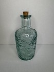 Vtg Green Glass Decanter Bottle W  Cork Stopper Embossed Floral Mcm Boho Decor