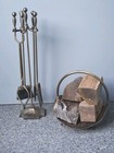 Vtg Antique Brass Fireplace Tool Set 5 Pc Hearth Companion Set   Wood Bucket euc