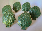 Vtg Brass   Green Enamel Artichoke Napkin Rings Set Of 6 Hollywood Regency 