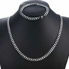 5mm Silver Stainless Steel Cuban Curb Chain Bracelet Necklace Jewelry Set 7-24 