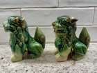 Chinese Foo Dogs  Pair   Porcelain  Multi Color Drip Glazed 5 1 4    Tall Vintage