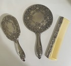 Vintage Brush Comb Mirror Vanity Set Silver Plated  3-piece  Victorian Style