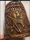 Vtg Japanese Ikebana Flower Basket Embossed Metal Safari Jungle Bamboo Handle