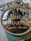 Vintage Cypress Gardens Silver On Black Inlay Souvenir Tray And Coaster Set