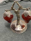Vintage 1960   s Red Glass Hanging Strawberry Salt   Pepper Shakers Silver Plated 