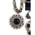 Vintage 4 Pc Jewelry Set Black Silver Tone Necklace Bracelet Earrings Ring Sz 9