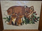Vtg Embroidered latch Hook Mama Fox   Babies 3d Under Plastic 23  X 19 