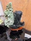 Vintage Chinese Hand Carved Soapstone Flower And Bird Vase Sculpture On Wood Bas