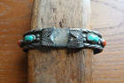 Vintage Zuni Angie Cheama Sterling Silver Turquoise   Coral Watch Cuff Bracelet