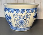 Vintage Chinese Blue White Chinoiserie Porcelain Fishbowl Planter 10 Inch Wide