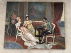 Antique Oil Painting Signed V  Landoza Relined 18th Century Style Parlor Scene