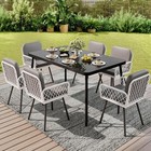 Patio Dining Set 7 Piece Iron Table 59x35 Black Glass 6 Wicker Chairs Outdoor