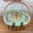 Handpainted Teddy Bear Blackberry Purse Basket Wood Lid Leather Straps Cottage