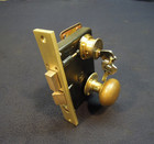 Antique Entry Mortise Lock Brass Knobs   Rose  Cylinder W  2 Keys - Penn  9500