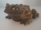 Signed Okimono Wood Carving Toad Yakisugi Burnt Cedar Japan Antique